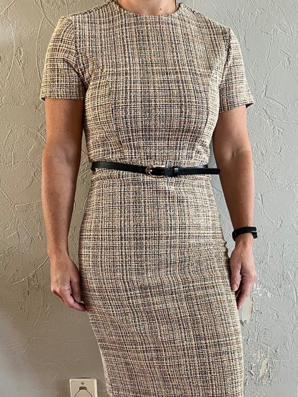 Suzy Shier Belted Tweed Dress, Size S